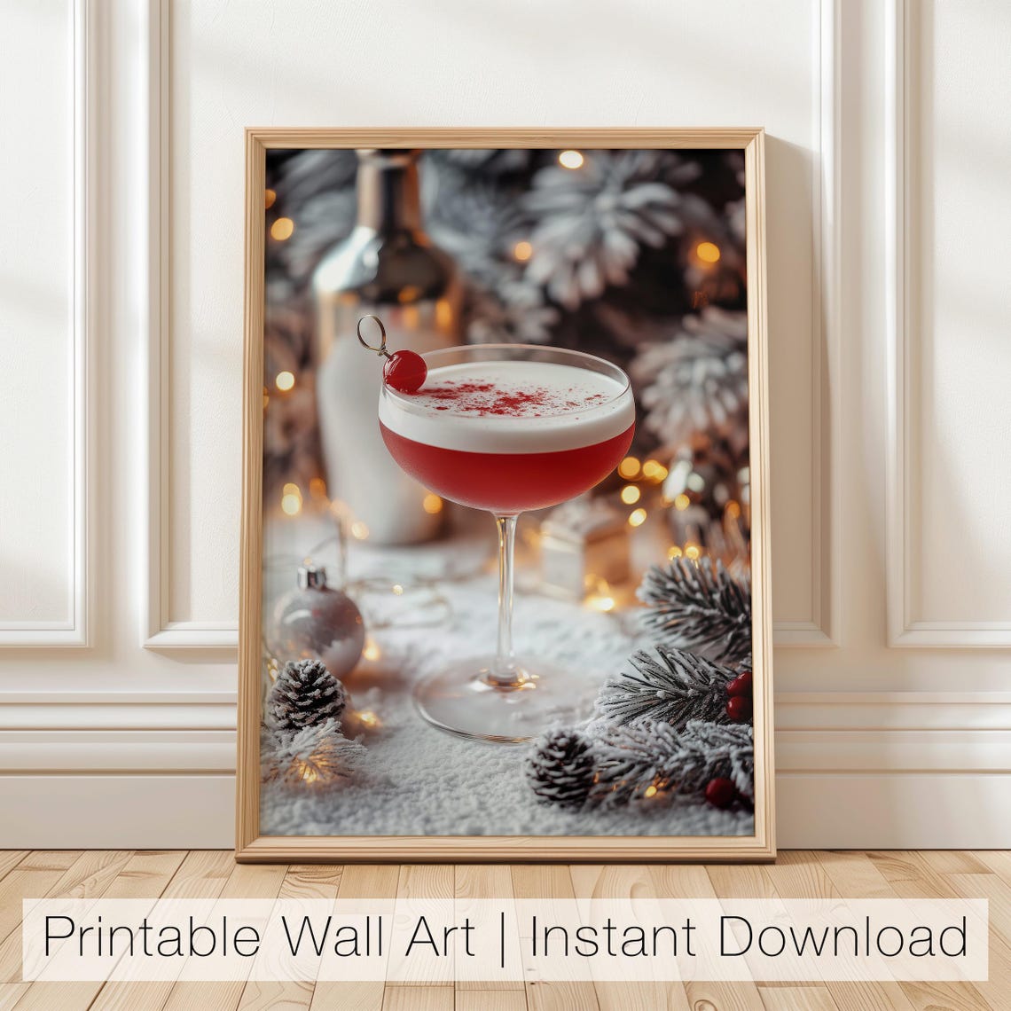 Red Holiday Cocktail in Coupe Glass with Snowy Pine Winter Bar Poster