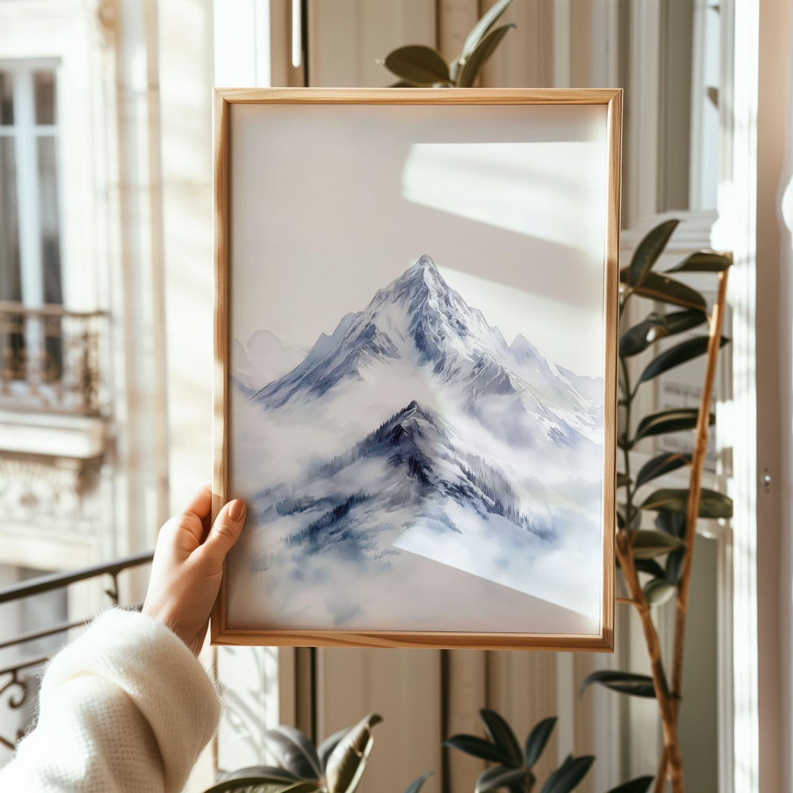 Minimalist Snowy Mountain Peak Dissolving into Soft Misty Fog Poster - Image 2