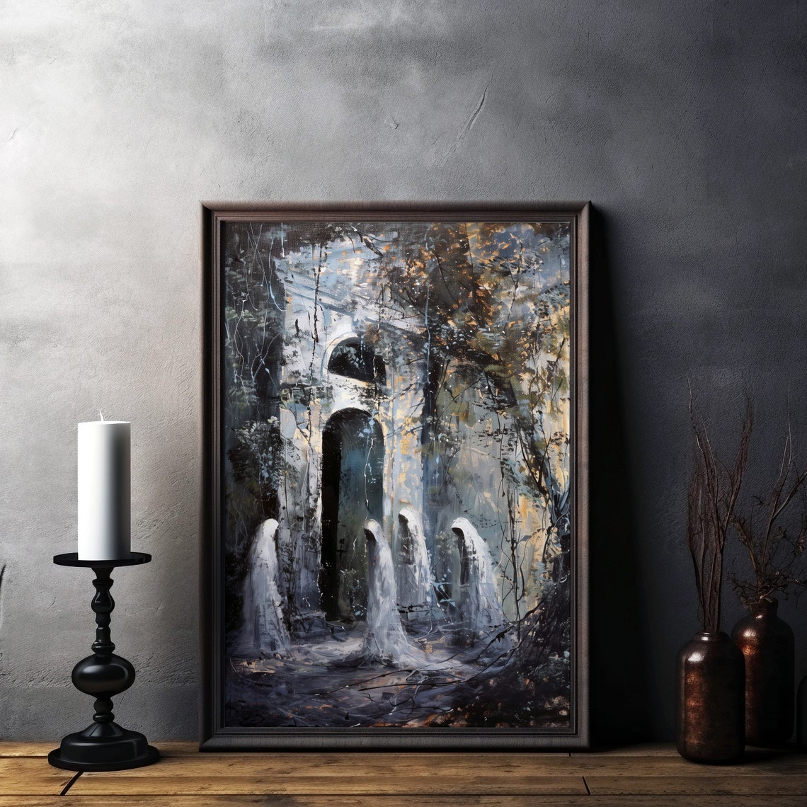 Ghosts Among Ancient Ruins Dark Forest Night Gothic Art Poster - Image 7