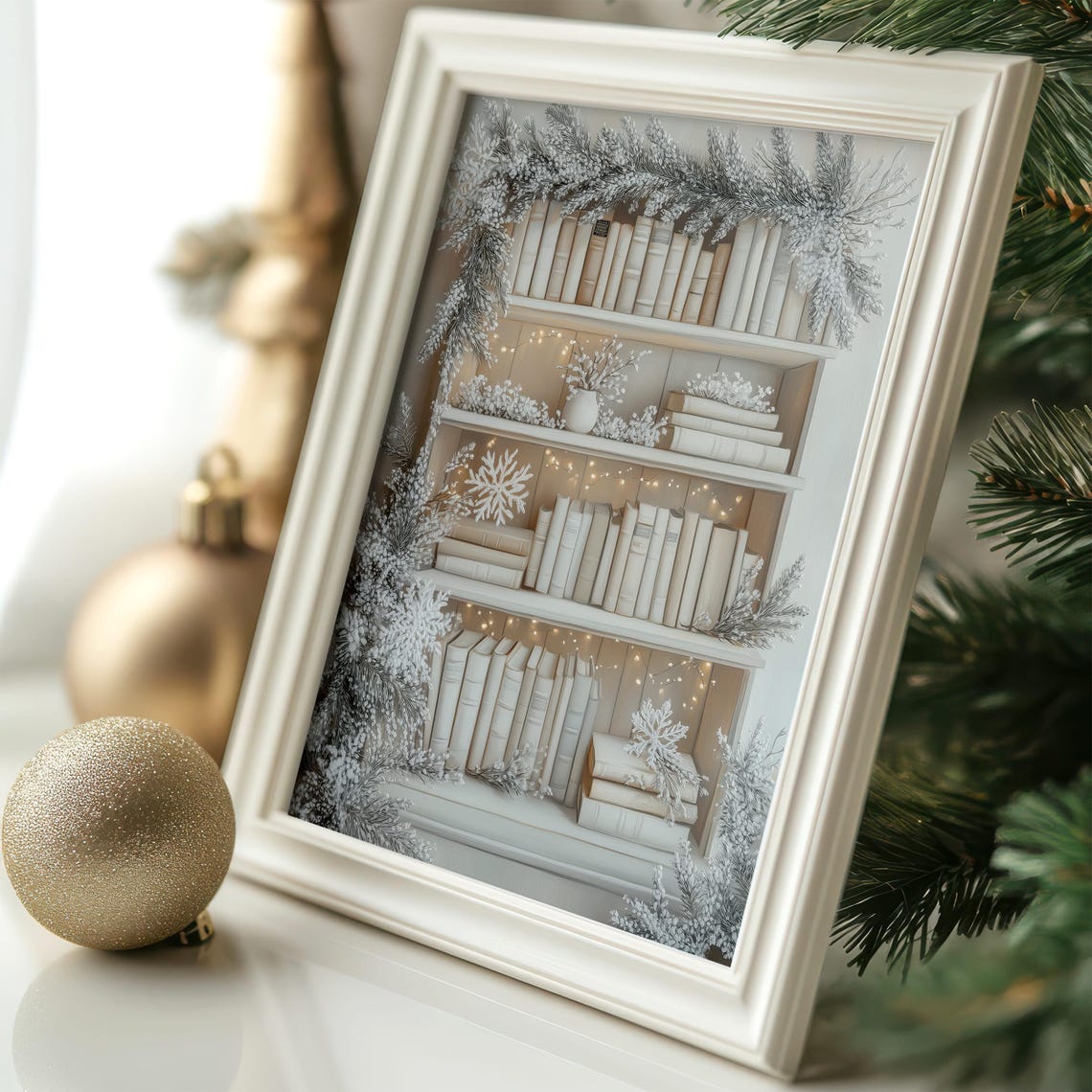 White Winter Bookshelf With Frosty Decor and Fairy Lights Poster - Image 4
