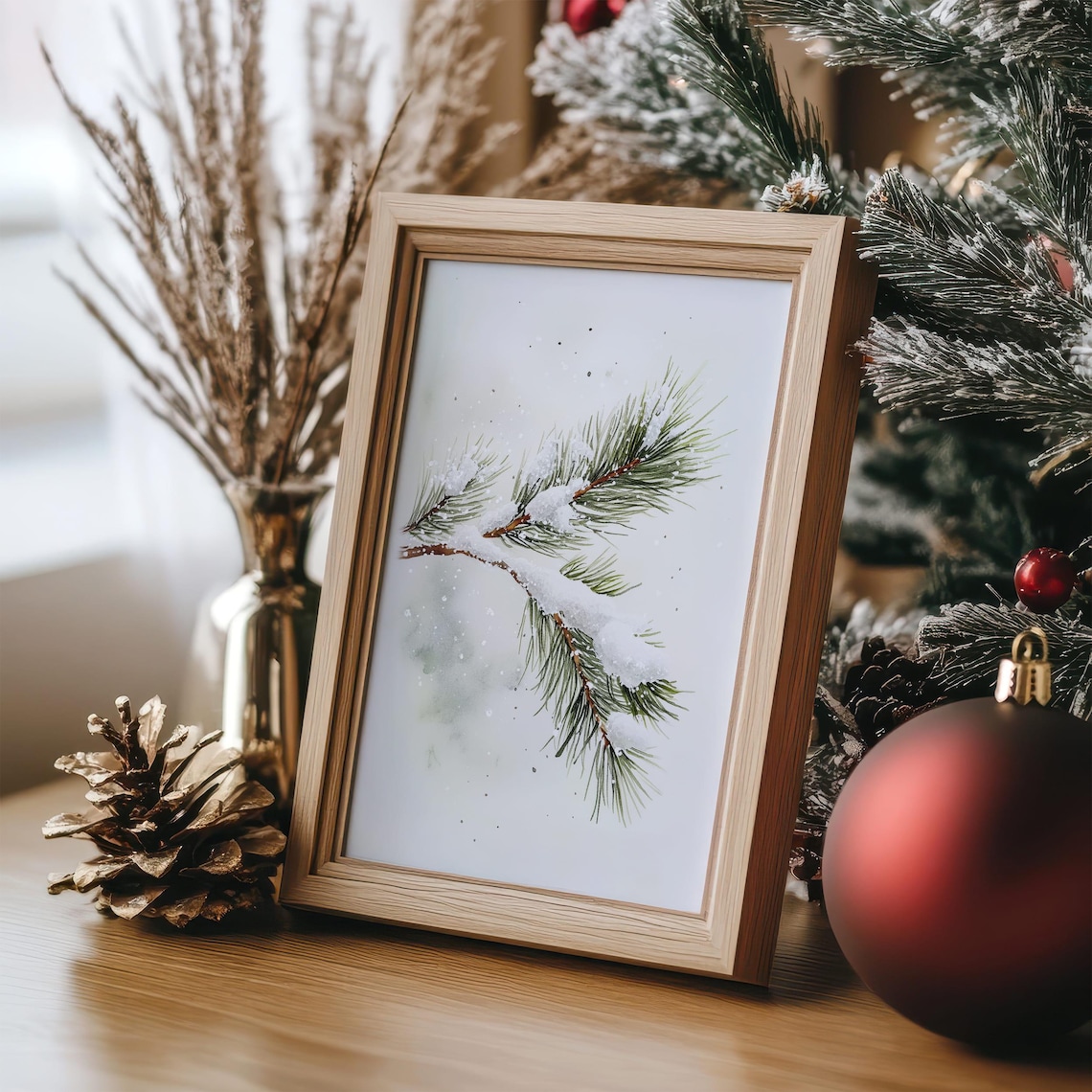 Snowy Pine Branch Minimalist Christmas Art Print - Image 3