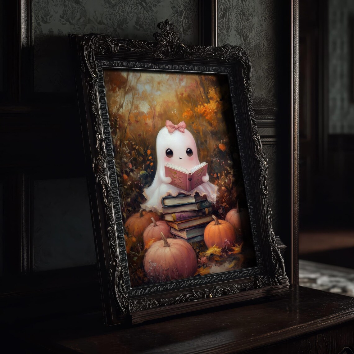 Cute Ghost Reading Art Print Pink Halloween Book Decor Adorable Autumn Wall Art Cozy Fall Artwork - Image 2