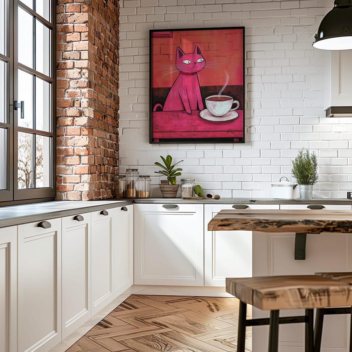 Pink Cat With Coffee Cup Whimsical Kitchen Cafe Decor Poster - Image 3