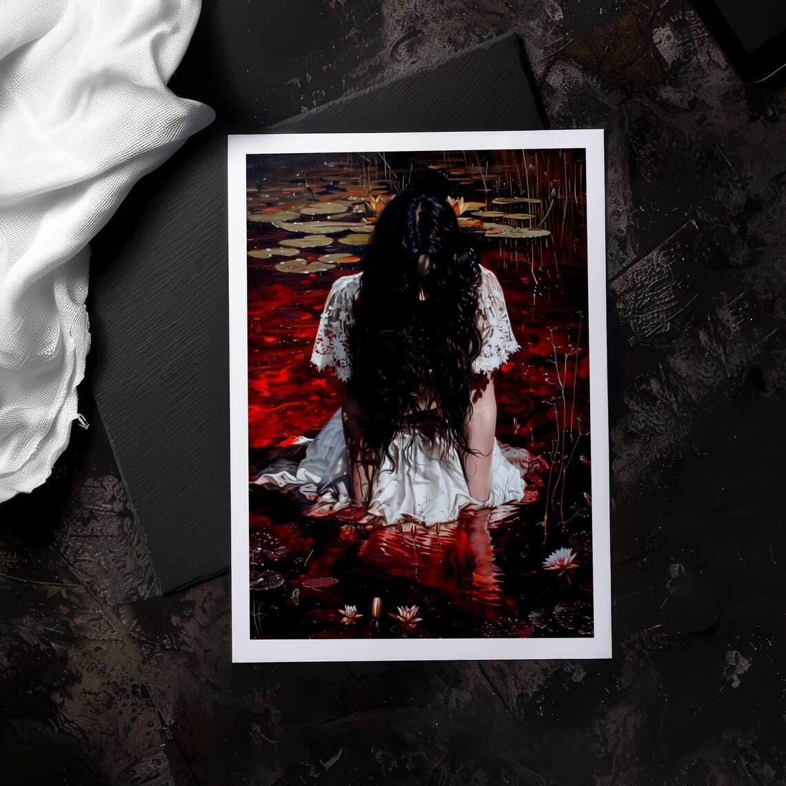 Gothic Woman White Dress Dark Red Water Lily Pond Art Poster - Image 6