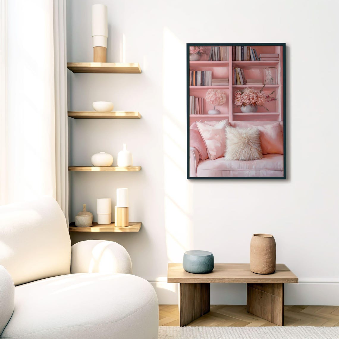 Pink Home Library Bookshelf Cozy Reading Nook Roses Decor Wall Art - Image 4