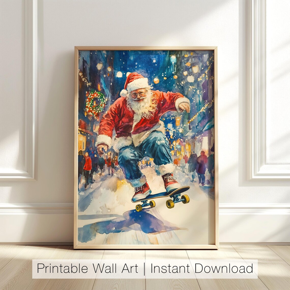 Santa Claus Skateboarding Through Snowy City Street Night Poster