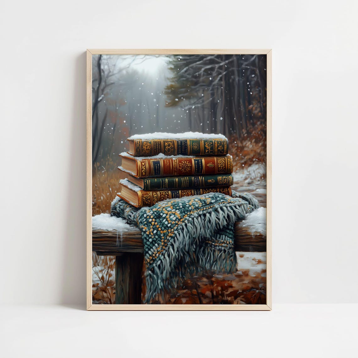 Stack of Vintage Books in Snow on Wooden Bench Winter Forest Poster - Image 8