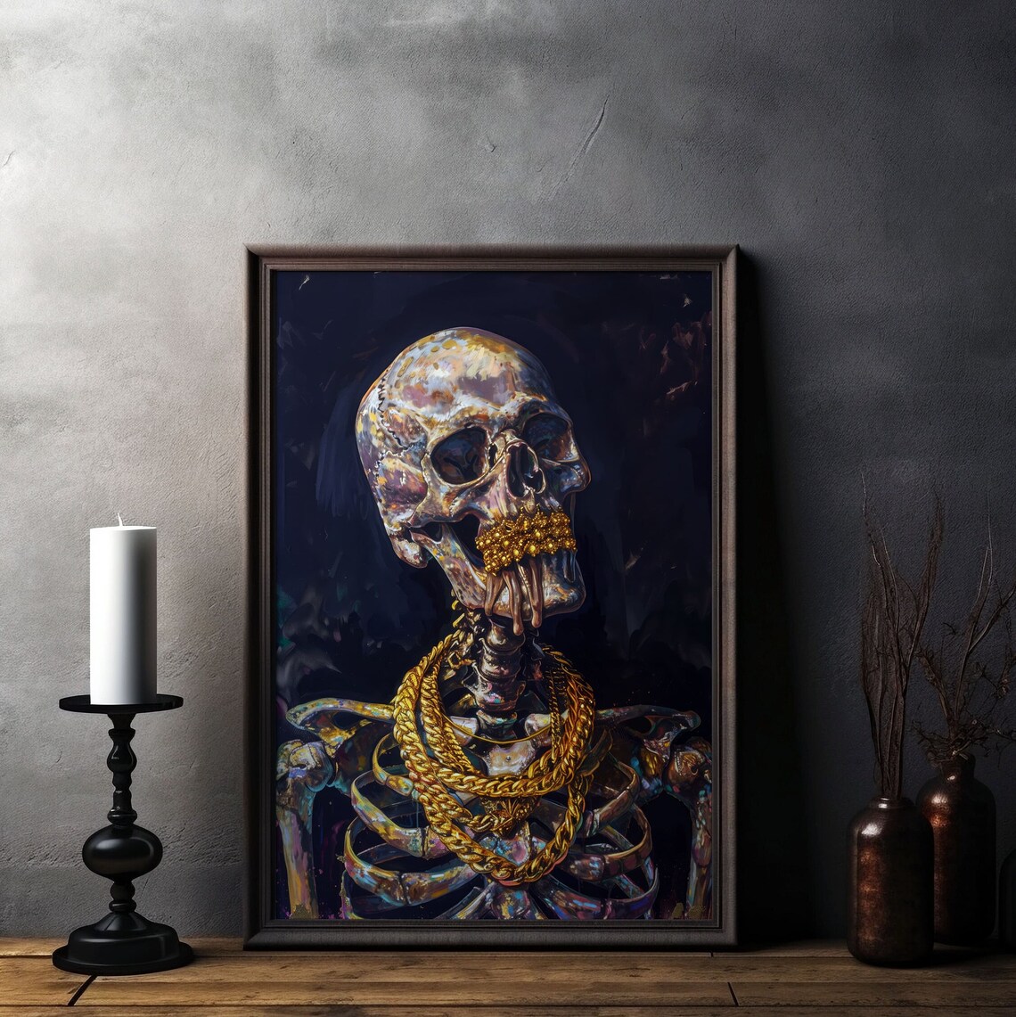 Colorful Painted Skeleton With Gold Chains Dark Fantasy Art Poster - Image 8