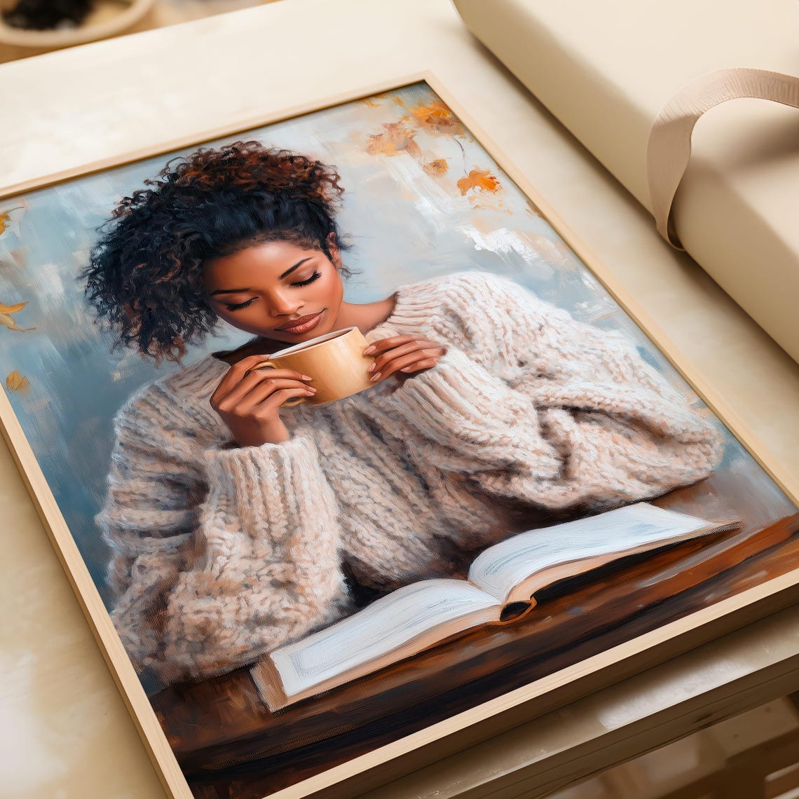 Black Woman In Knit Sweater With Coffee Autumn Reading Poster - Image 7