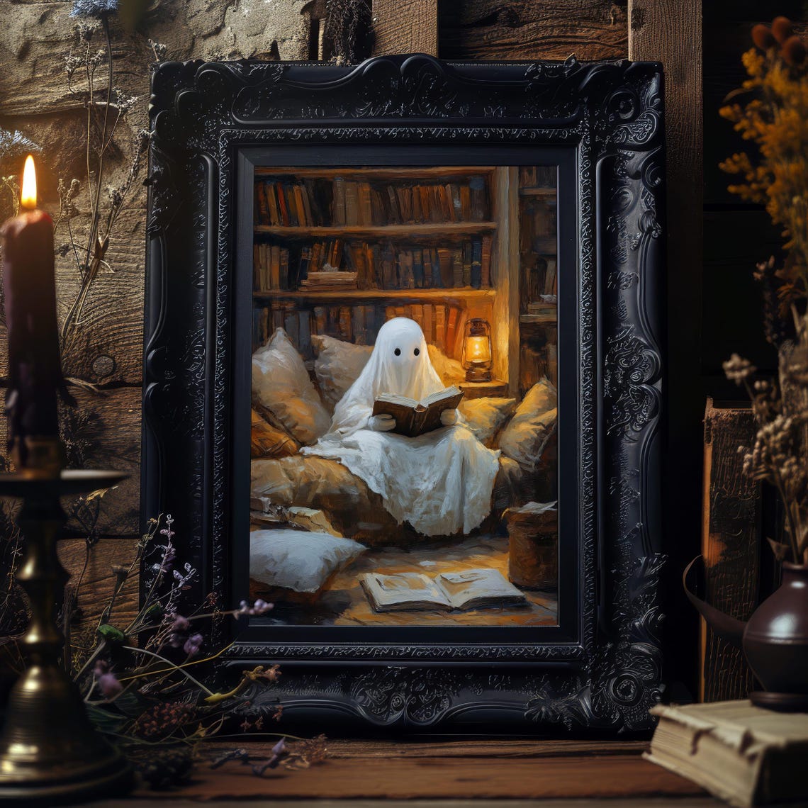 Cozy Ghost Reading Book in Spooky Library Halloween Art Poster - Image 2