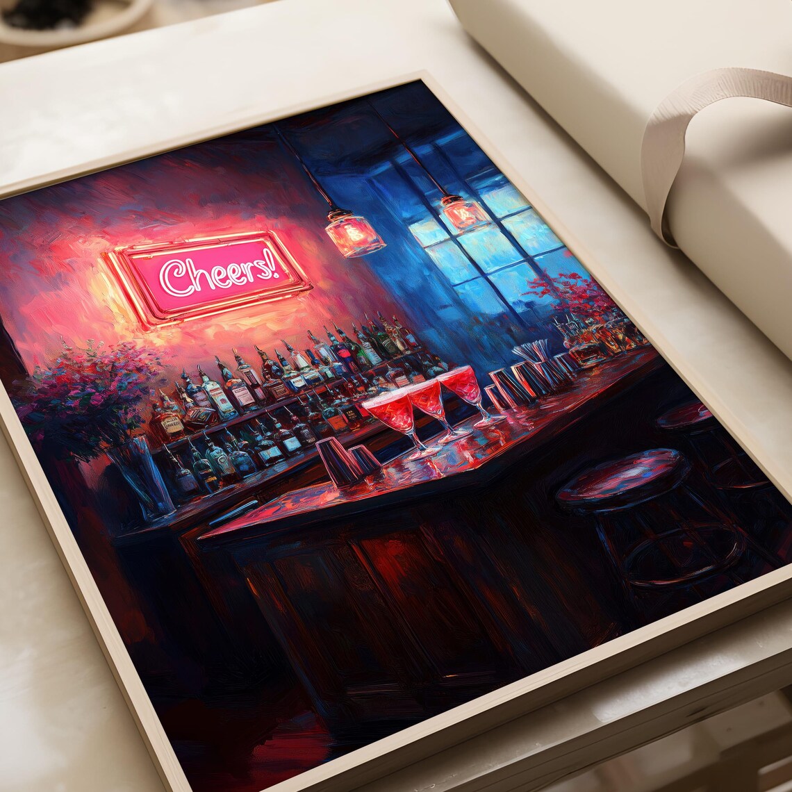 Cheers Neon Sign Over a Retro Cocktail Bar Night Scene Poster - Image 5