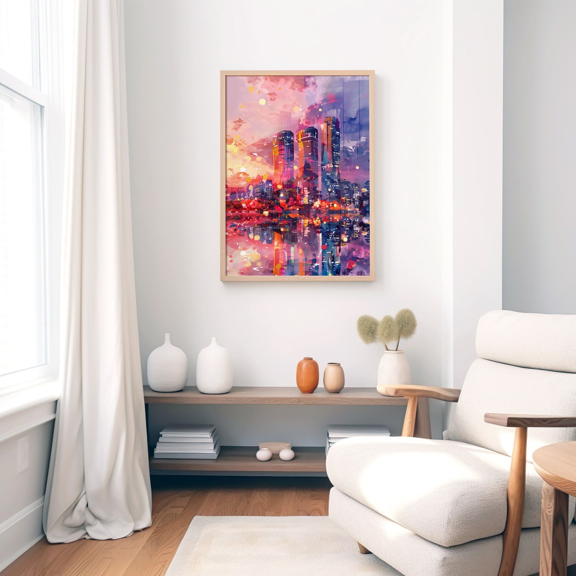 Modern Cityscape Sunset Neon Watercolor Urban Skyline Decor Wall Art - Image 2