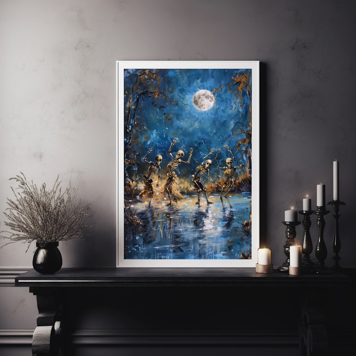 Dancing Skeletons Under Full Moon Spooky Halloween Night Poster - Image 6