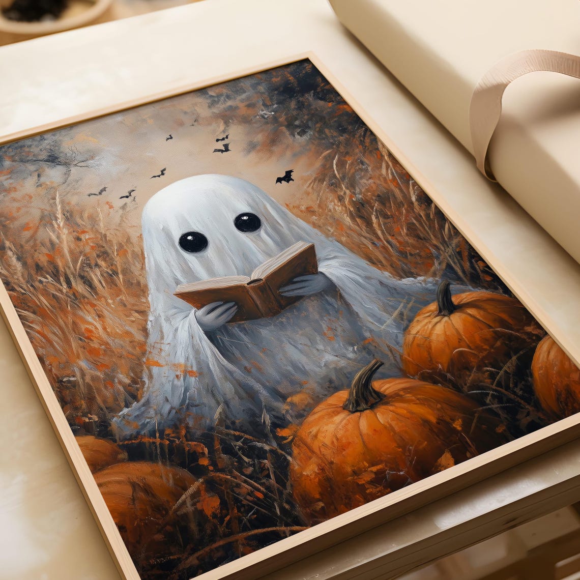 Cute Ghost Reading Book in Pumpkin Patch Halloween Night Poster - Image 5