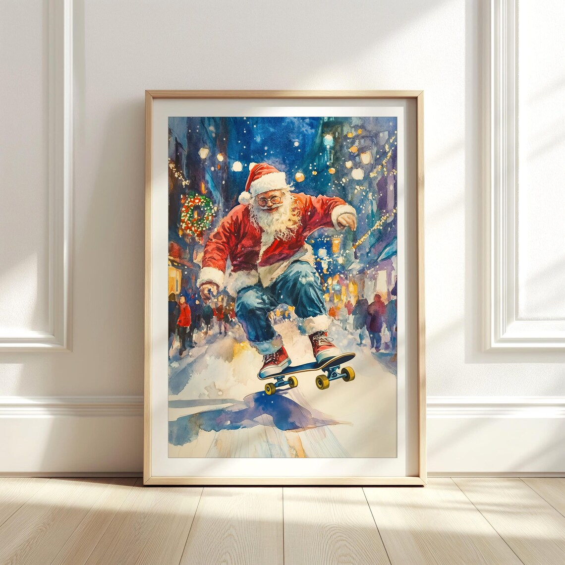 Santa Claus Skateboarding Through Snowy City Street Night Poster - Image 8