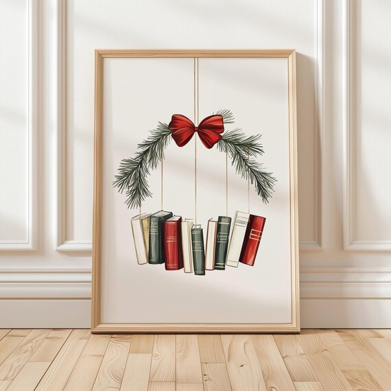 Christmas Book Wreath Hanging Books With Red Bow Holiday Decor Art Poster