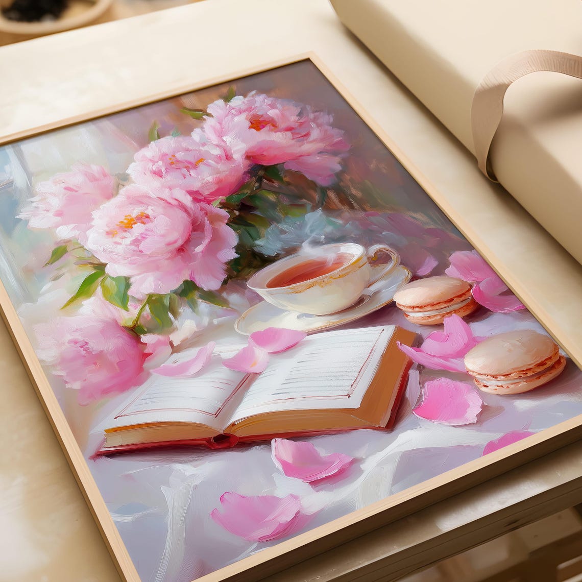 Pink Peonies with Open Book Tea and Macarons Floral Bookish Art Poster - Image 6