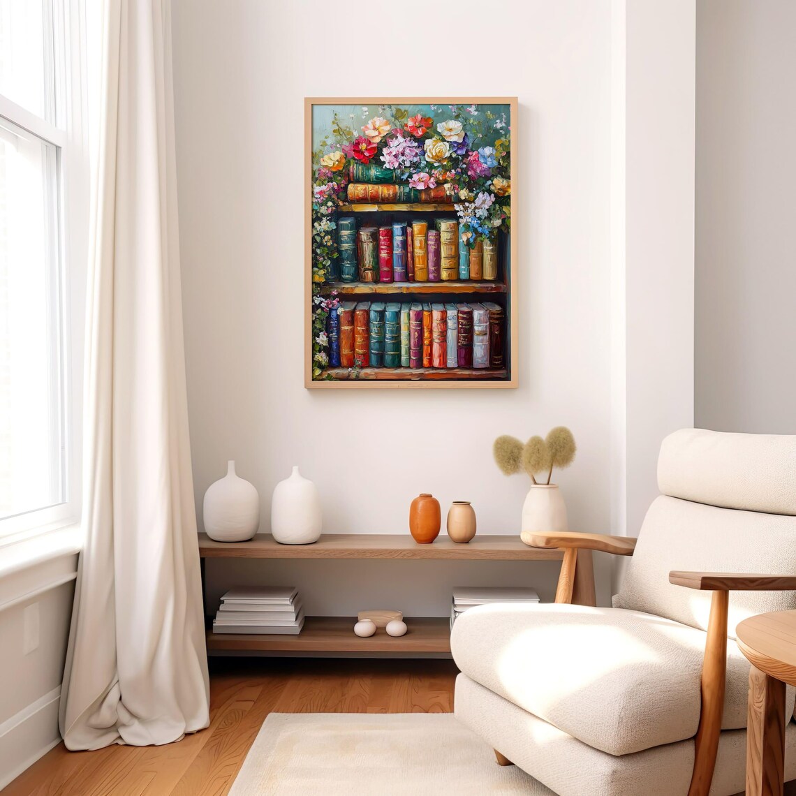 Vintage Bookshelf With Antique Books And Fresh Flowers Poster - Image 3