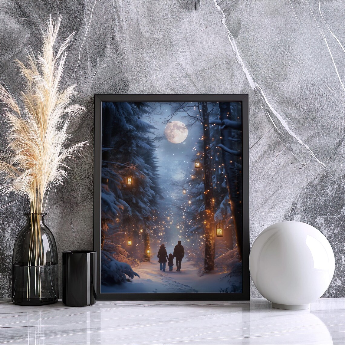 Winter Forest Moonlight Christmas Art Print - Image 2