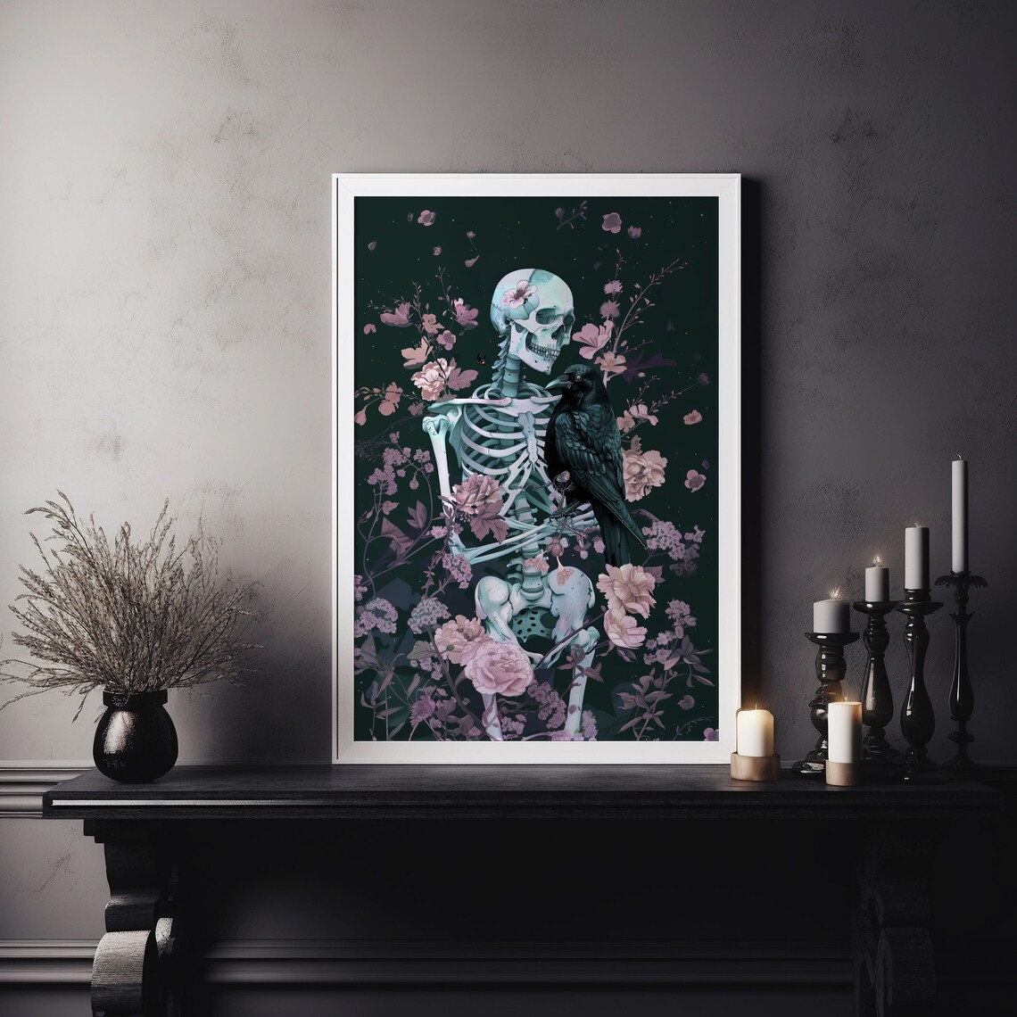 Skeleton And Raven Among Pink Blossoms Dark Gothic Floral Art Poster - Image 7