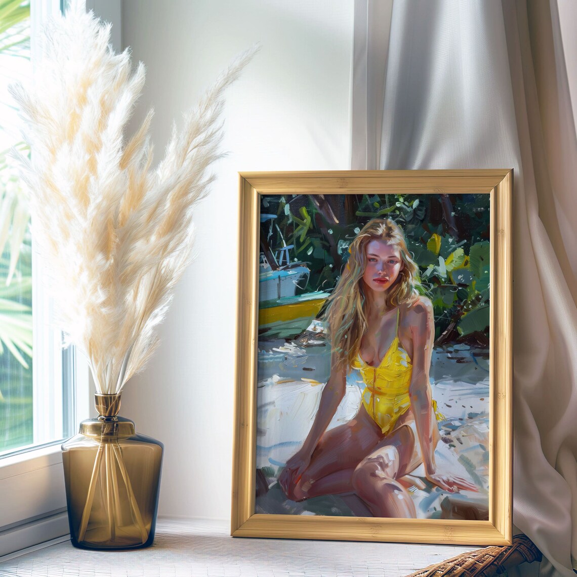 Woman in Yellow Swimsuit Tropical Beach Impressionist Art Poster - Image 5