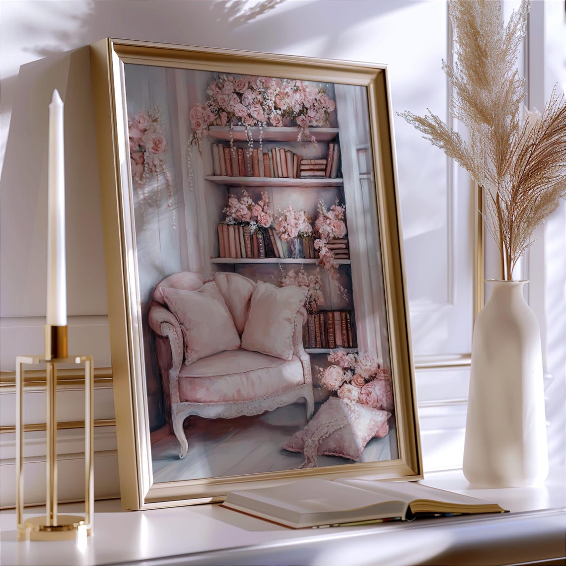 Pink Floral Bookshelf Reading Nook Shabby Chic Book Lover Poster - Image 3