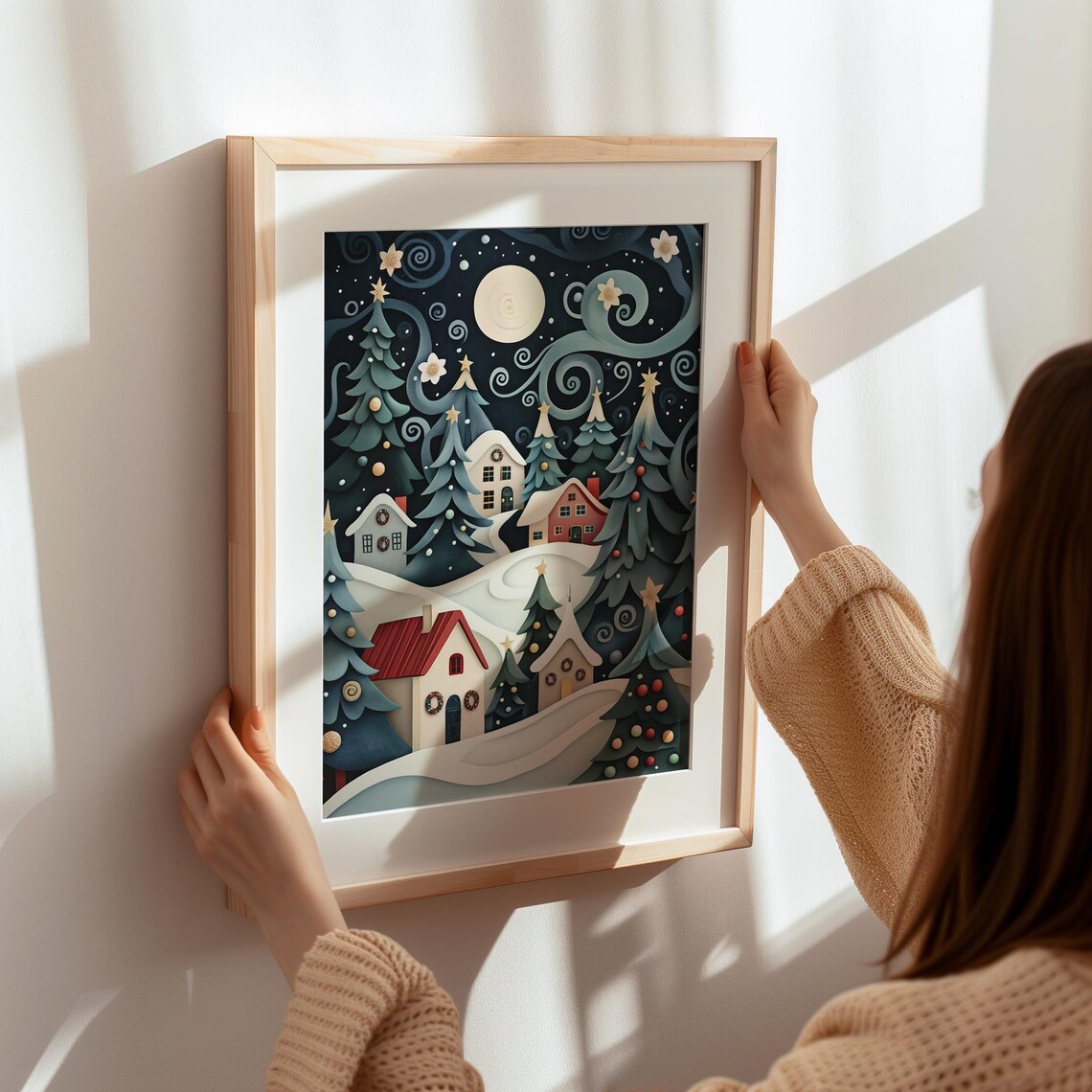 Whimsical Snowy Night Village Paper Cut Style Christmas Poster - Image 5