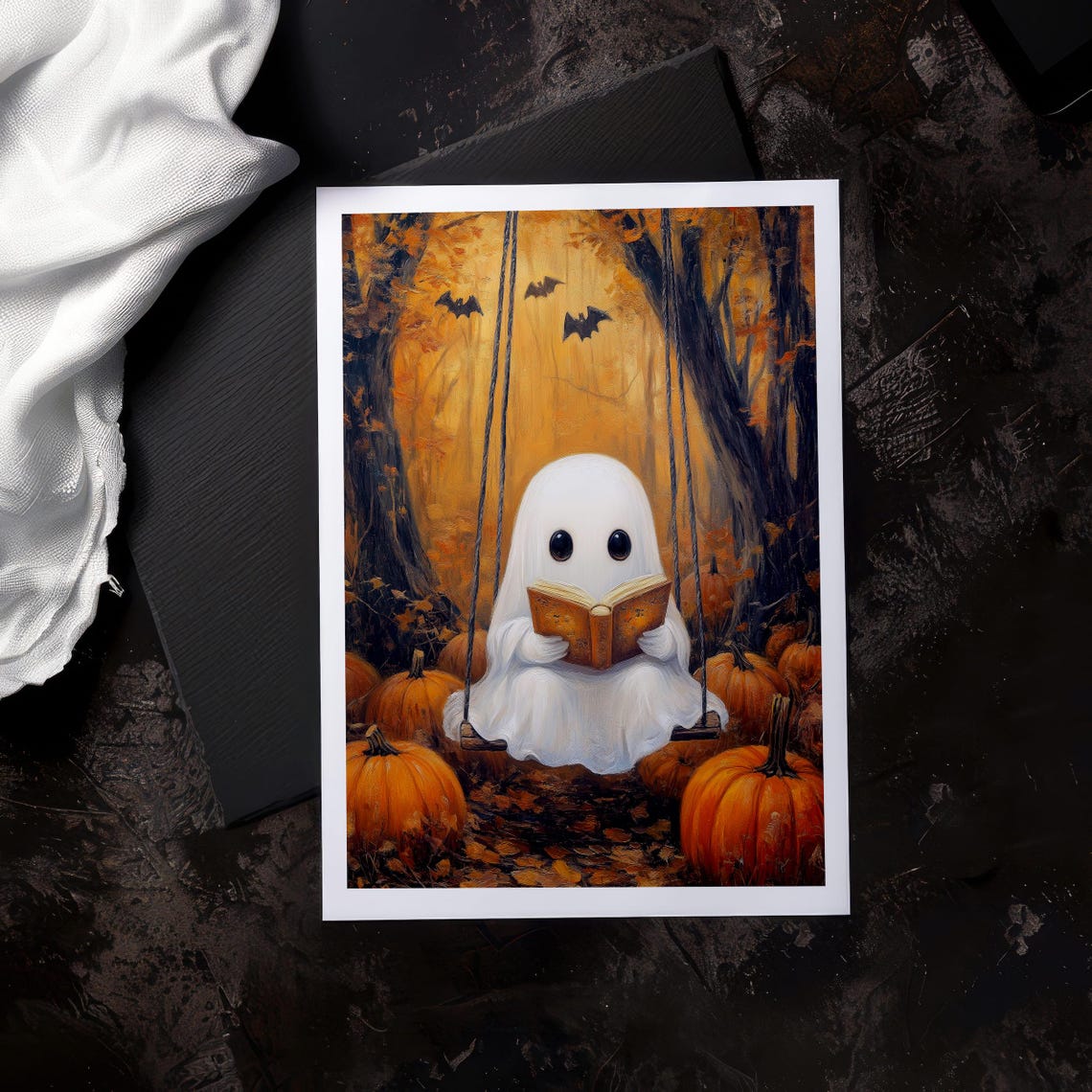 Cute Ghost Reading on Swing Autumn Forest Pumpkin Patch Poster - Image 6
