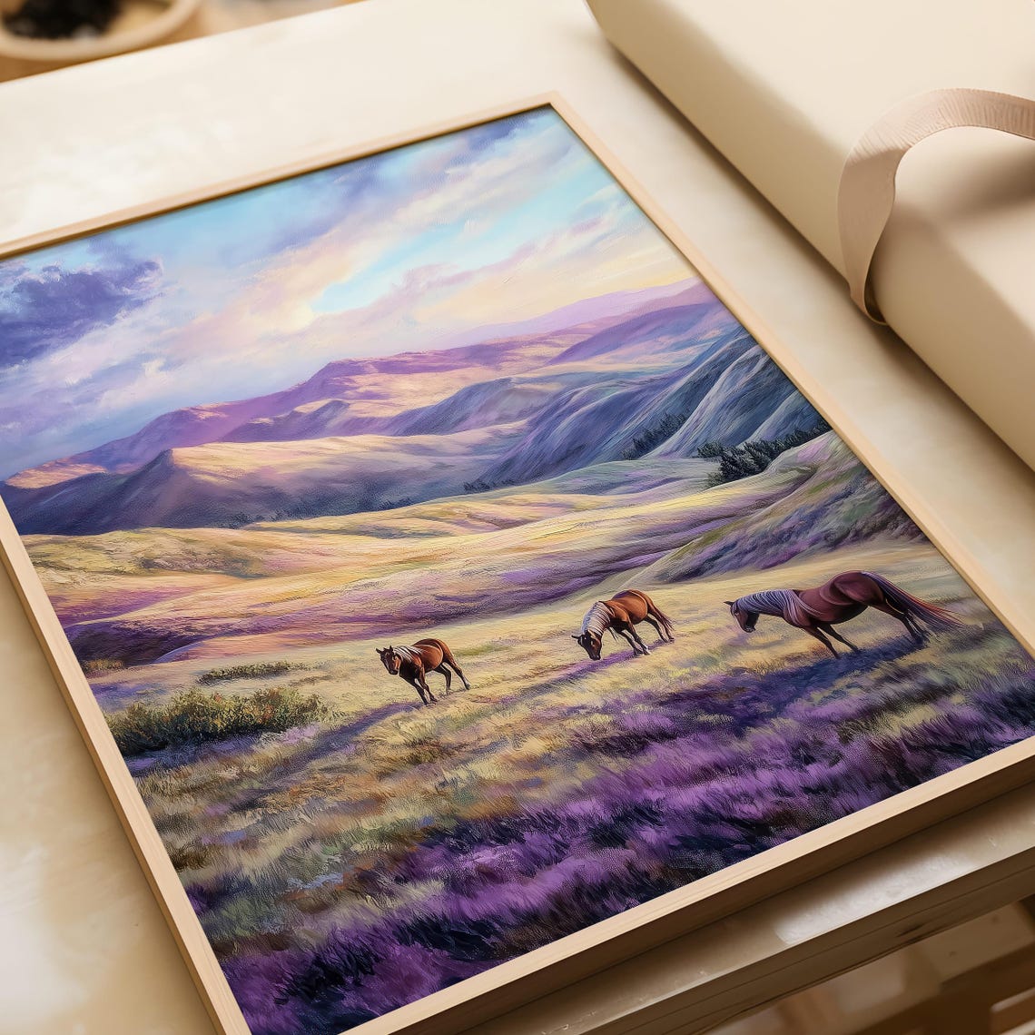 Wild Horses Grazing In Purple Mountain Meadow At Sunset Poster - Image 6