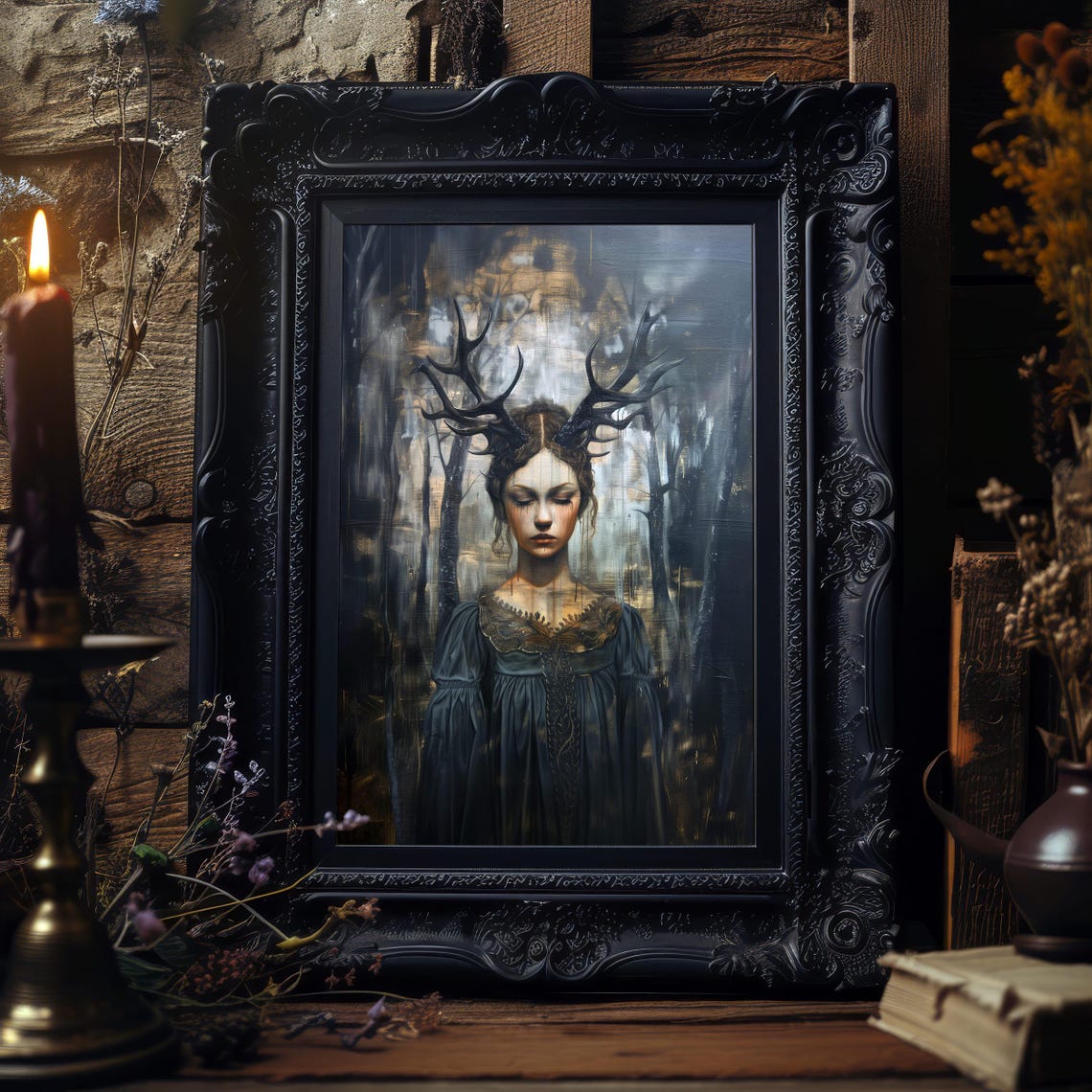 Gothic Antlered Woman Dark Forest Mystery Portrait Art Poster - Image 7
