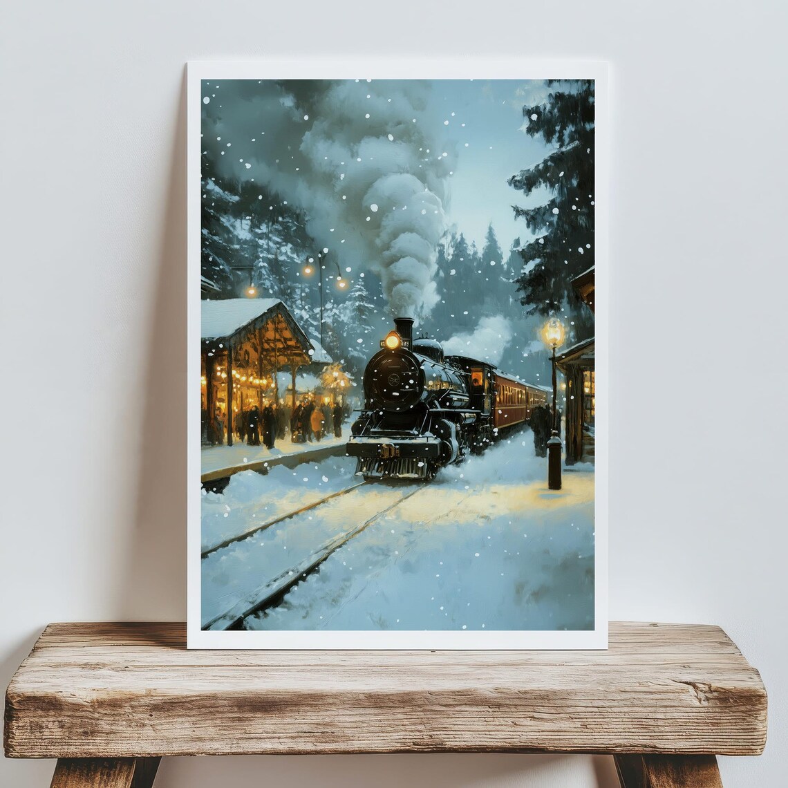 Steam Train At Snowy Station Winter Night Vintage Art Poster - Image 5