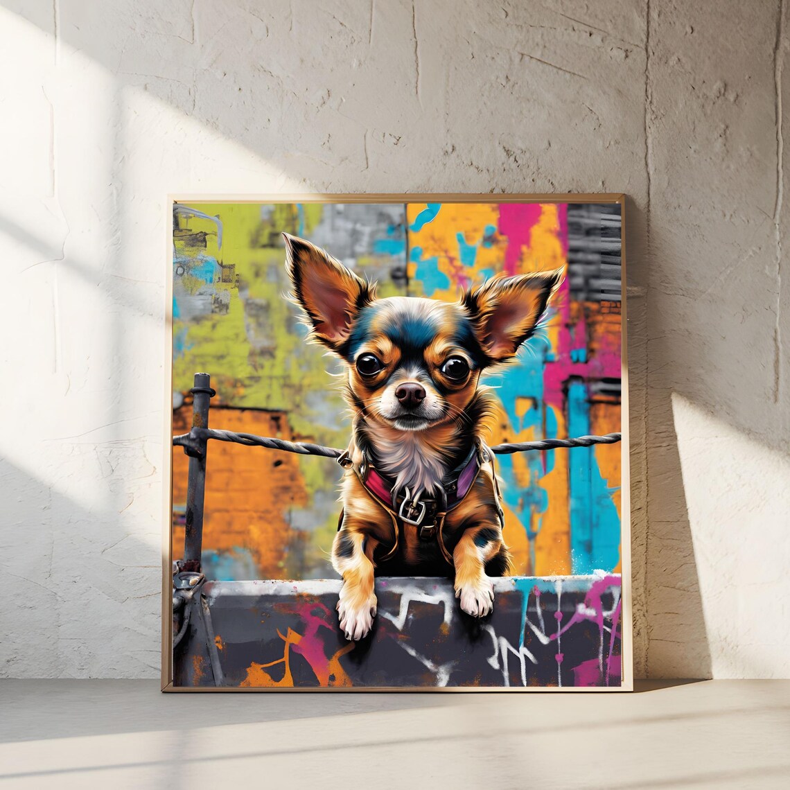 Chihuahua Peeking Over Graffiti Wall Colorful Urban Dog Street Art Poster
