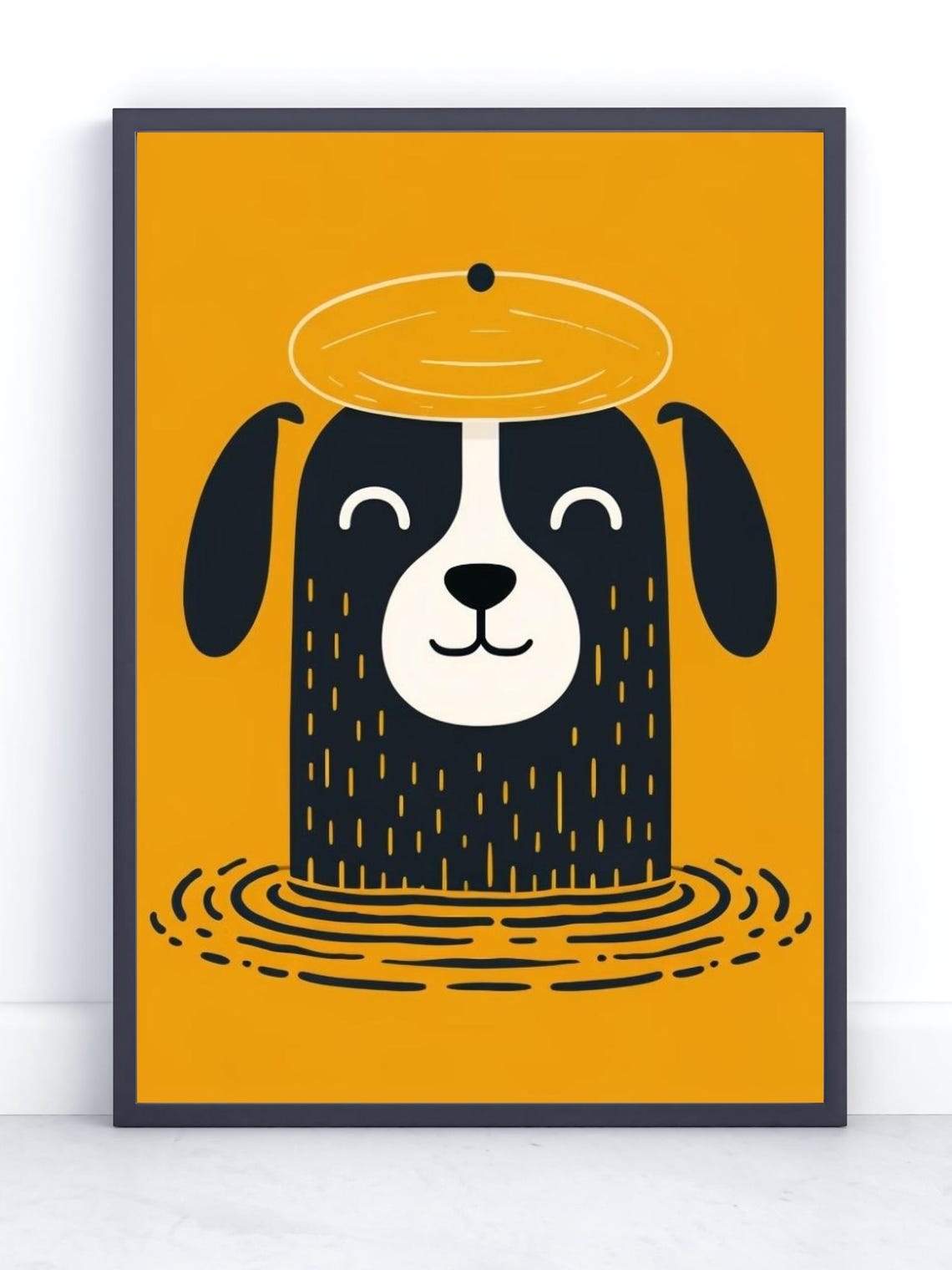 Playful Black Dog With Beret Minimalist Orange Scandinavian Poster