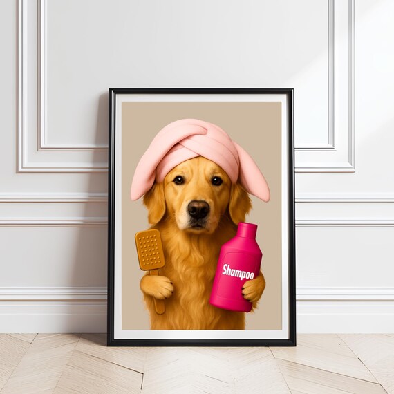 0 Funny Golden Retriever Bathroom Wall Art Dog Grooming Poster With Shampoo Brush Spa Print Cute Decor For Lovers