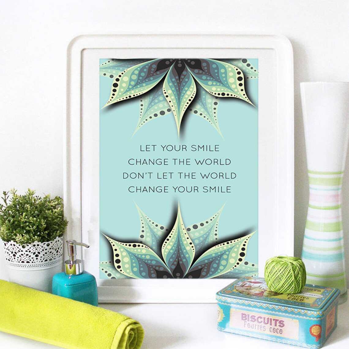 Let Your Smile Change the World Teal Mandala Inspirational Quote Poster - Image 2