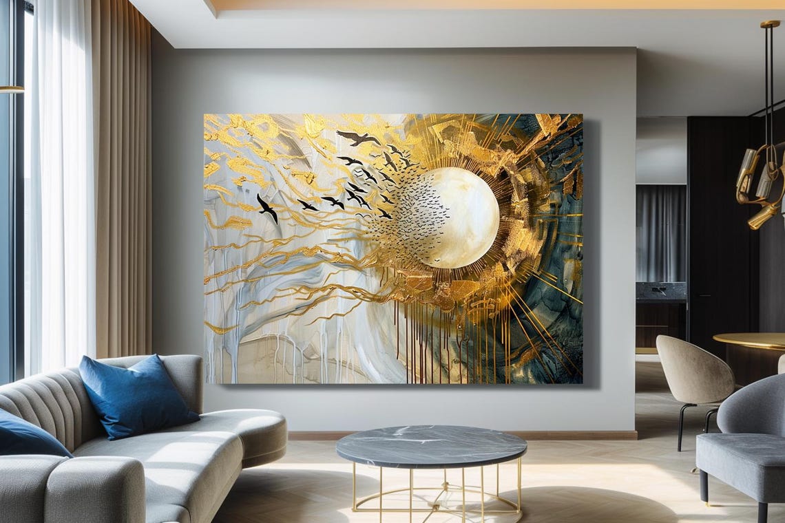 Golden Sun Orb With Birds Flying Abstract Radiant Light Poster