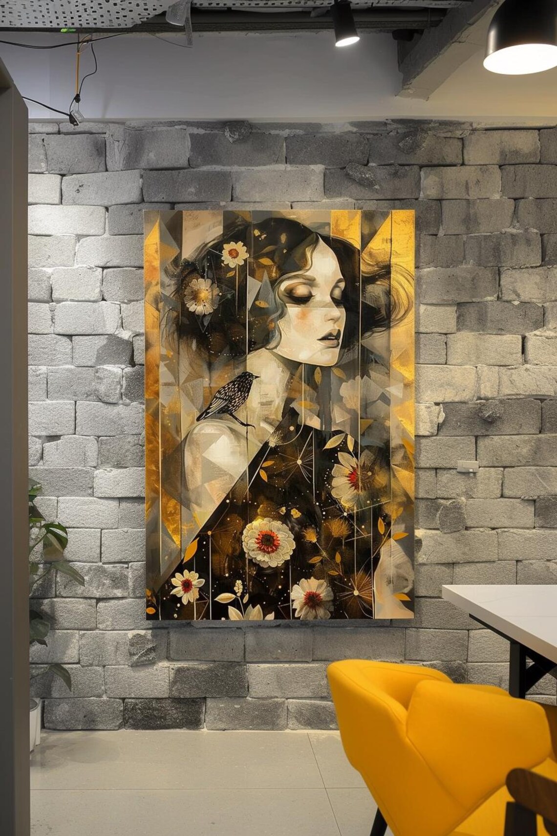 Dreamy Woman With Flowers And A Bird In Gold Art Deco Poster - Image 3