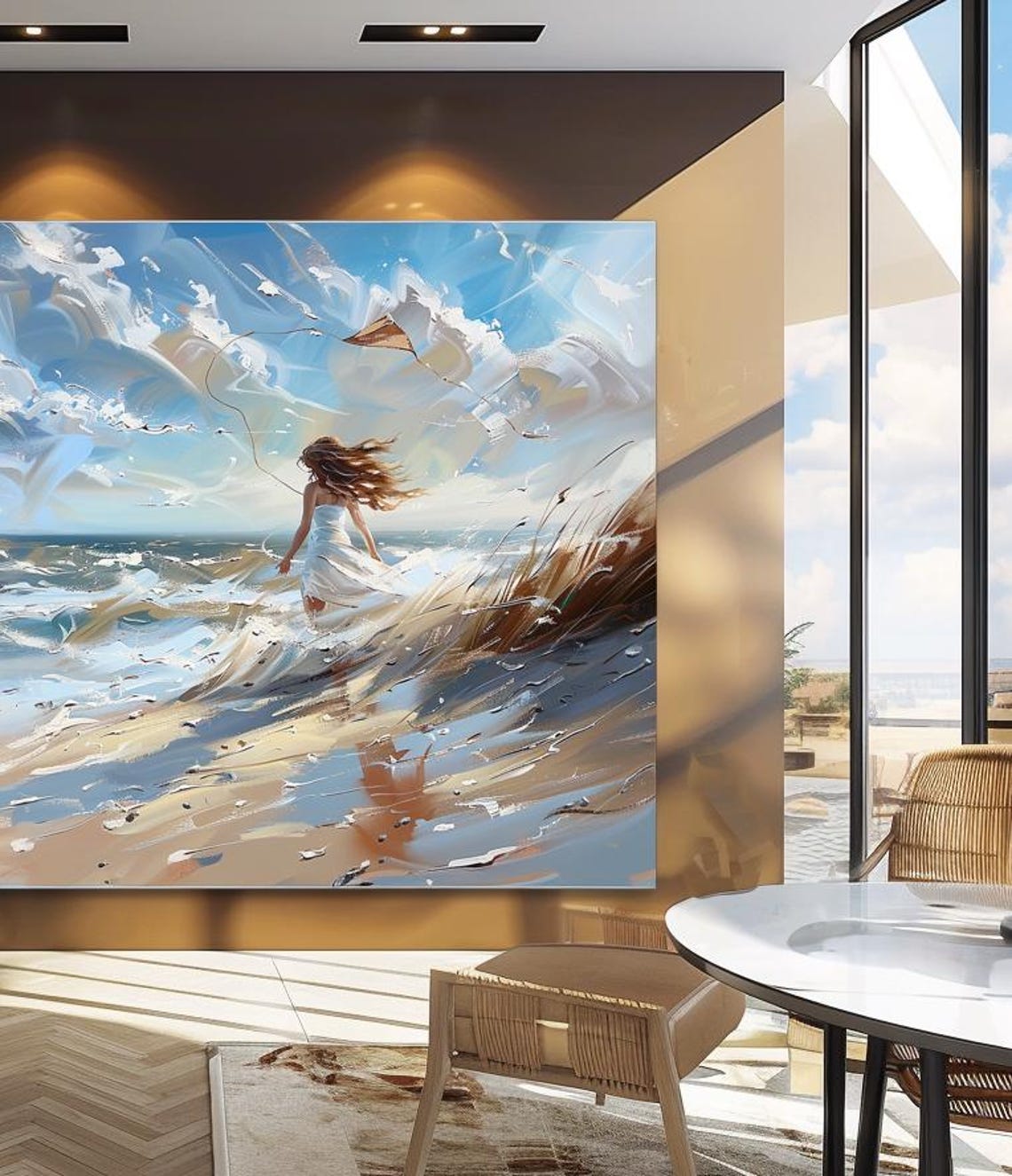 Girl in White Dress Running Through Ocean Waves Under Blue Sky Poster
