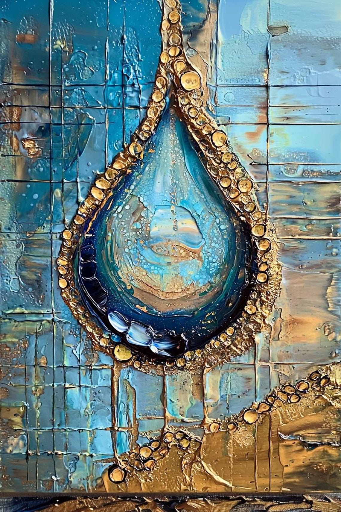 "Depth" Blue And Gold Abstract Teardrop On Cracked Texture Poster - Image 2