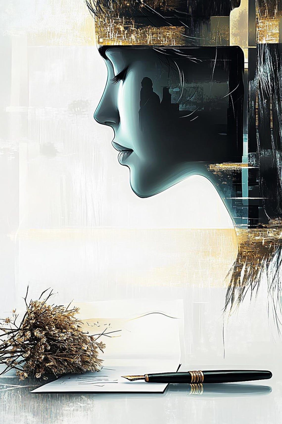 Minimalist Woman's Profile with Fountain Pen Abstract Painting Poster - Image 2