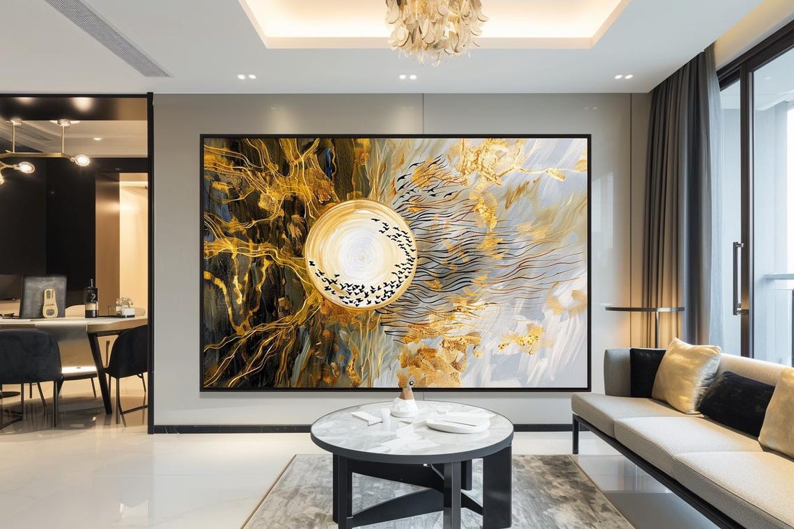 Golden Full Moon with Birds in Gold Black Abstract Marble Poster - Image 3
