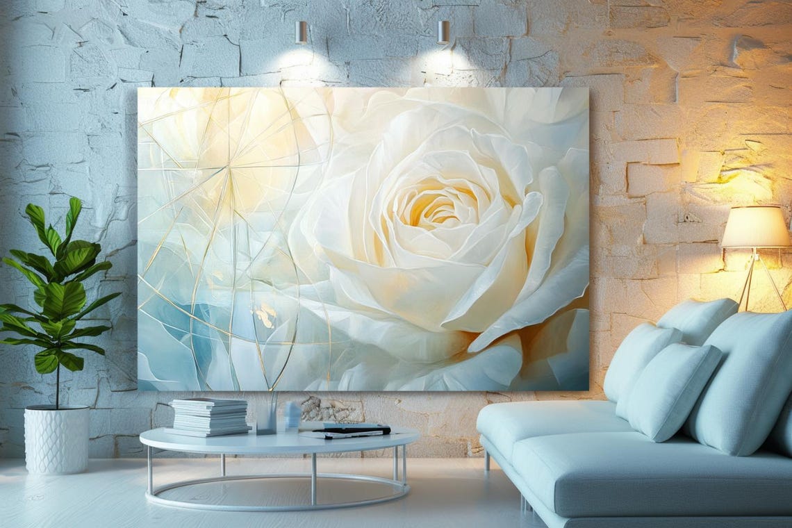 White Rose with Golden Geometric Lines Botanical Painting Poster - Image 3