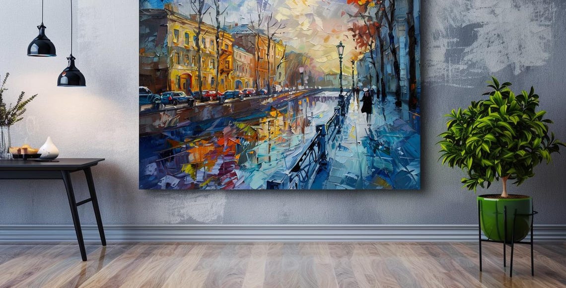 Evening City River With Golden Light Reflections Impressionist Poster