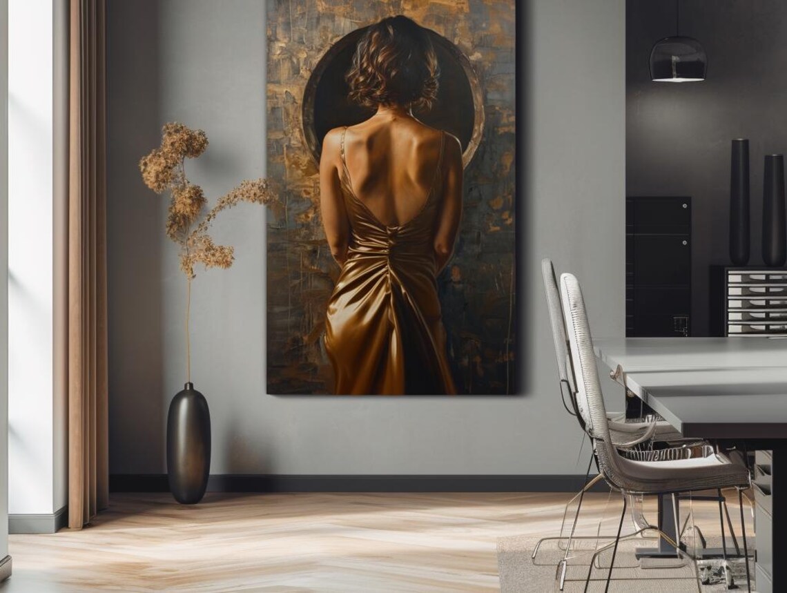 Elegant Woman In Flowing Gold Gown Before Dark Moon Circle Poster