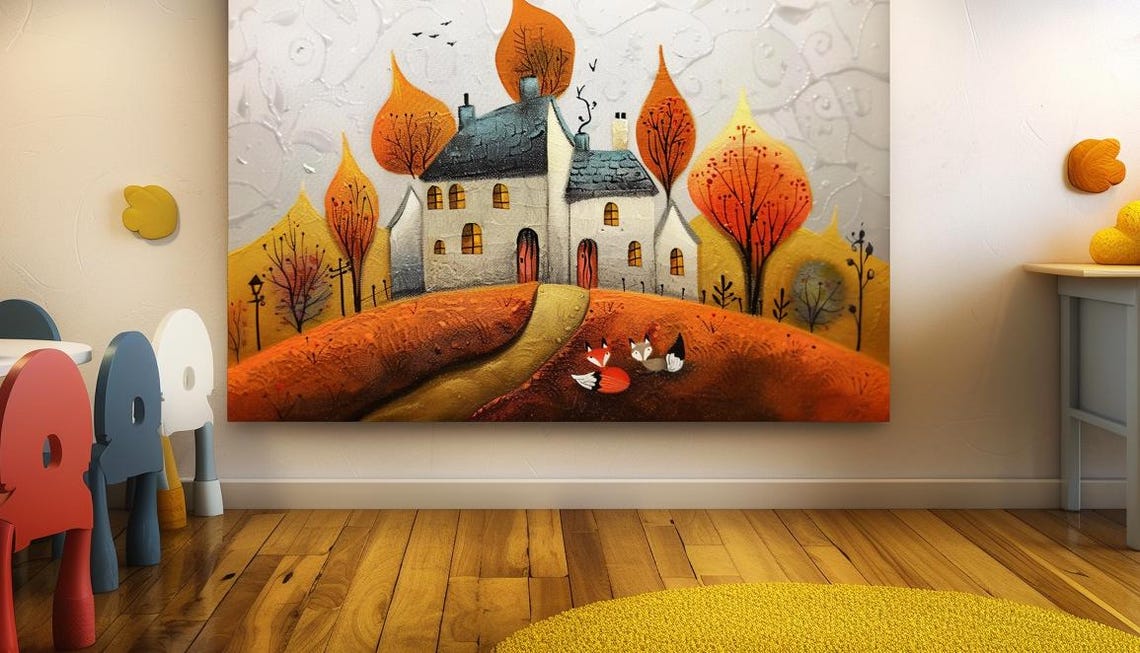 Cottage In Autumn Woods With Foxes Cozy Fall Landscape Poster - Image 3