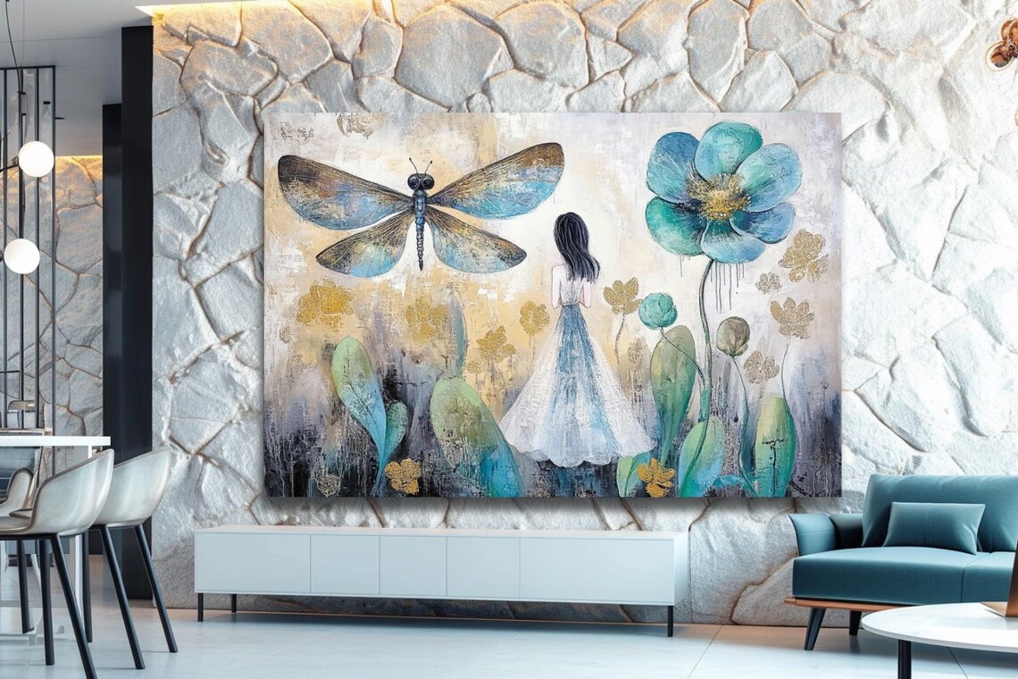 Girl Among Giant Flowers with Blue Dragonfly Fantasy Painting Poster - Image 3