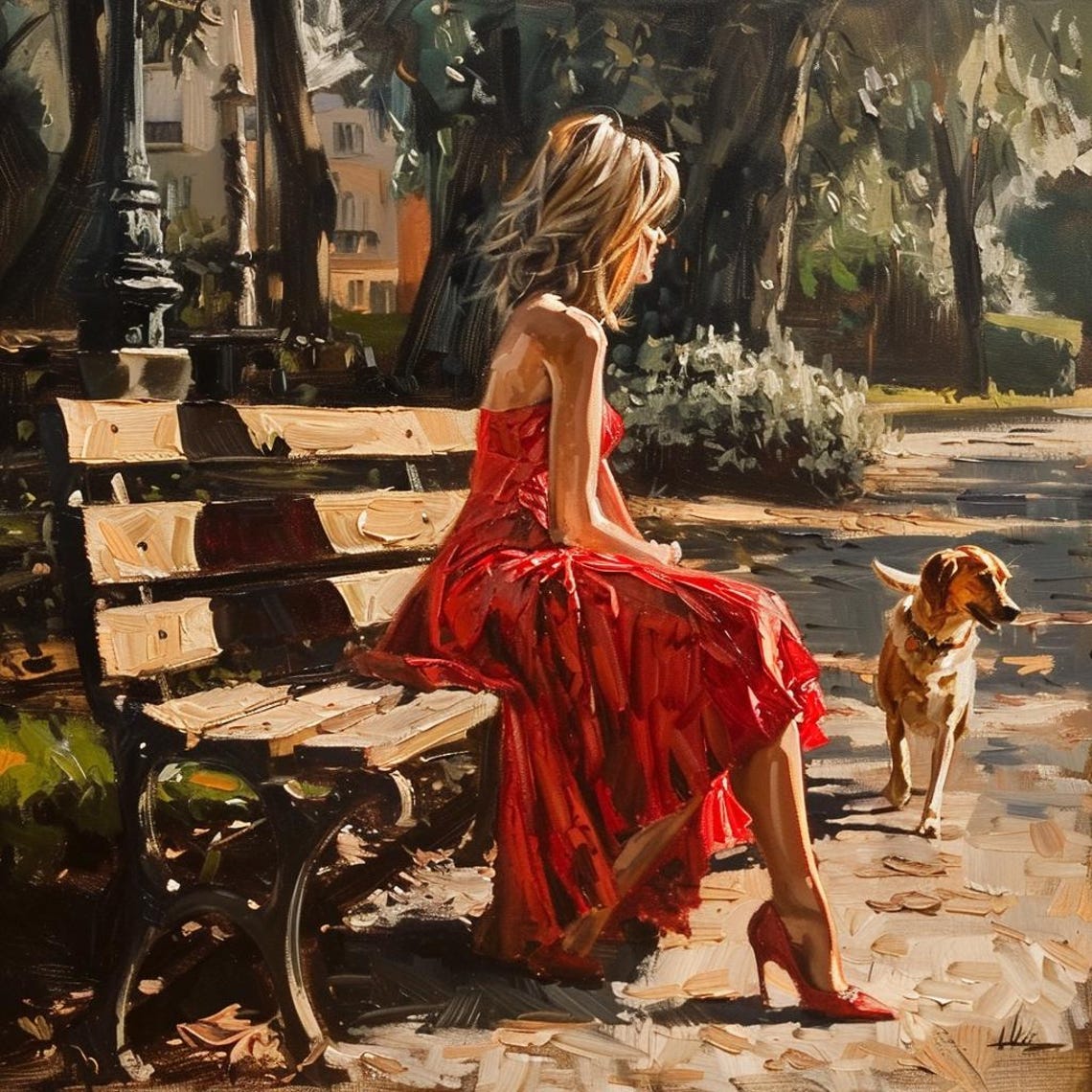 Woman In Red Dress On Park Bench With Dog Impressionist Poster - Image 2