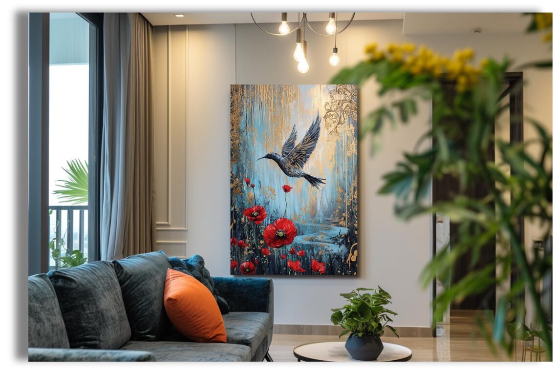 "Perfect World" Hummingbird And Red Poppies In Blue Gold Art Poster - Image 3