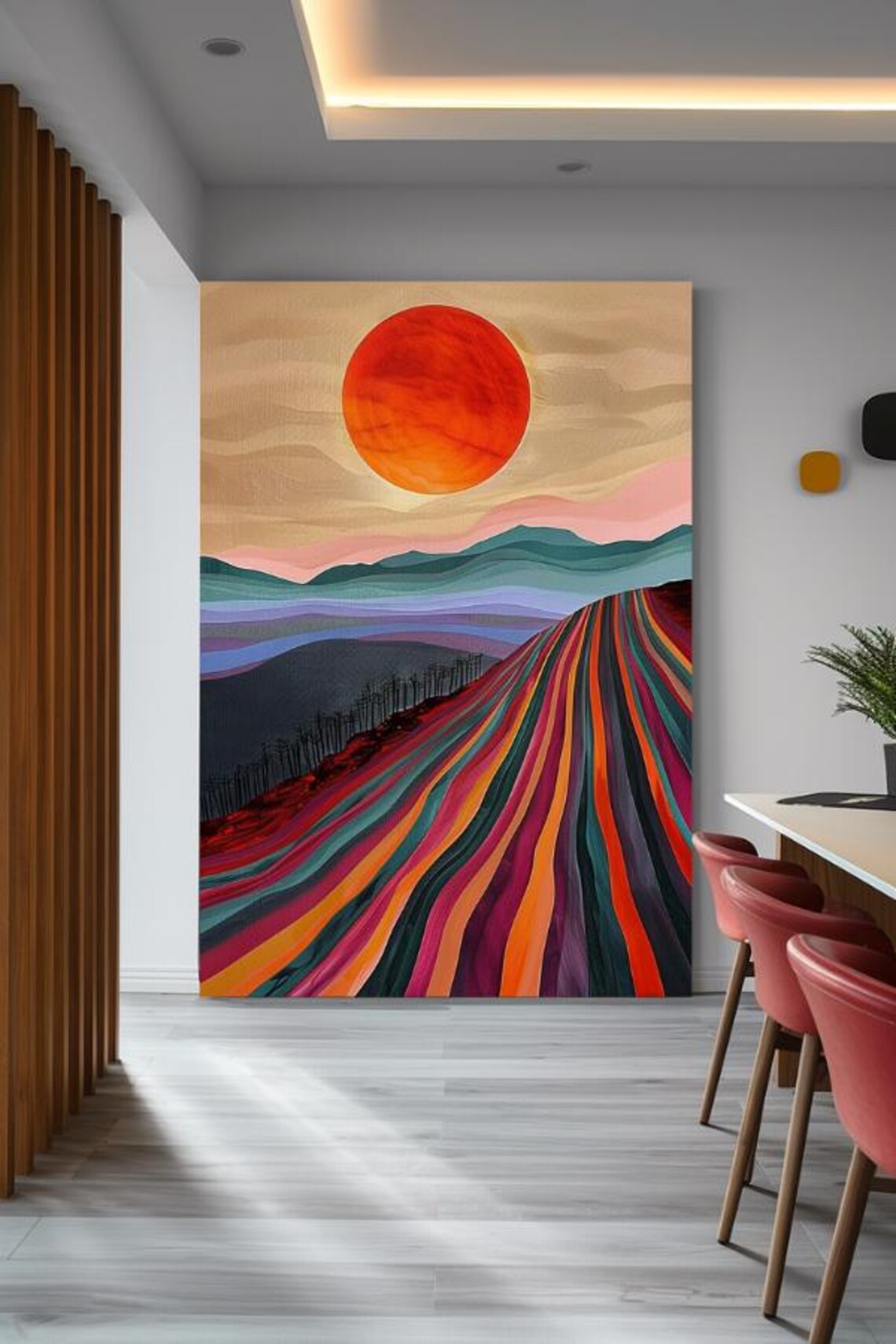 Horizon Of Colors Striped Desert Road Under Red Sun Art Poster - Image 3
