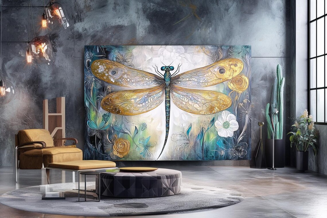 Golden Dragonfly Among Flowers Abstract Watercolor Painting Poster